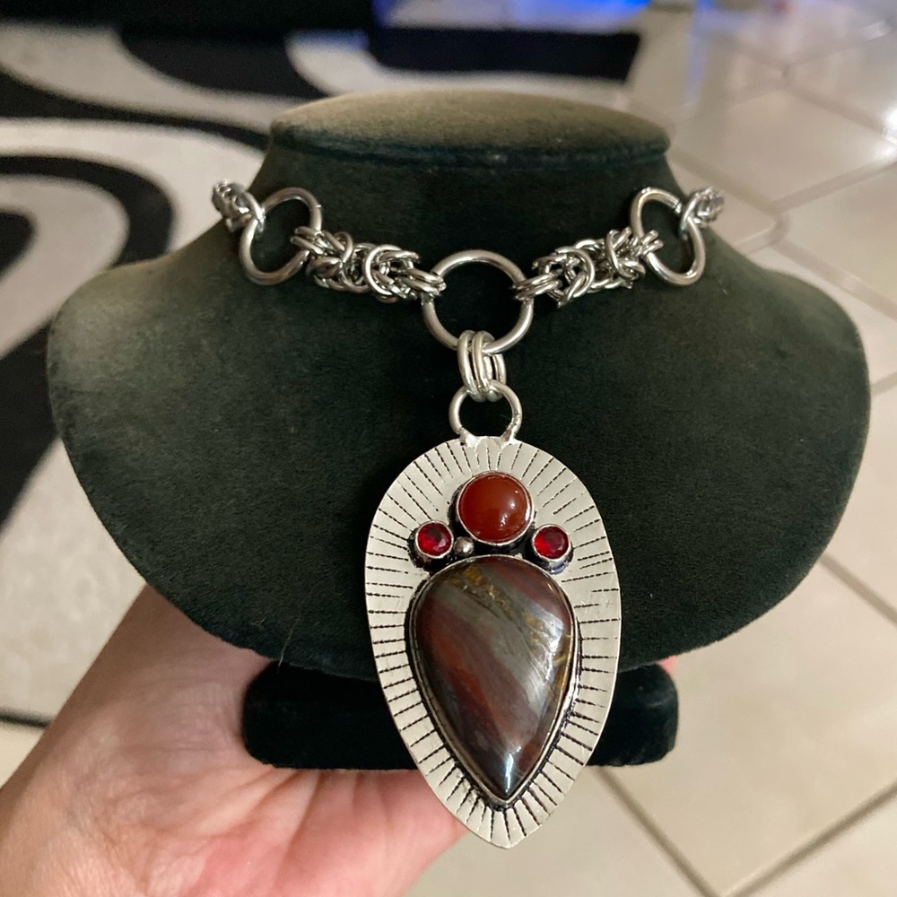 925 sterling silver overlay agate red garnet orange carnelian gem boho necklace